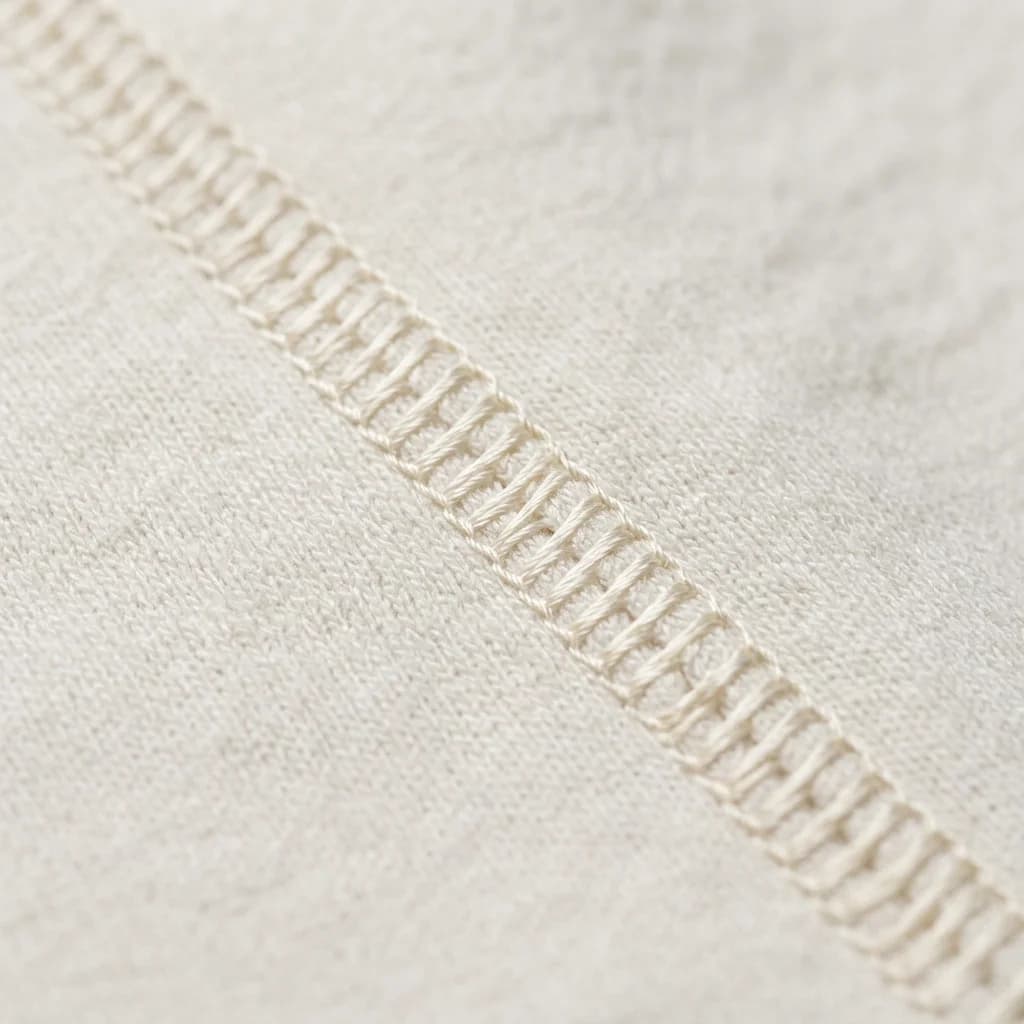 Technical macro of flat-lock stitching showing perfectly flat smooth reinforced precision threadwork
