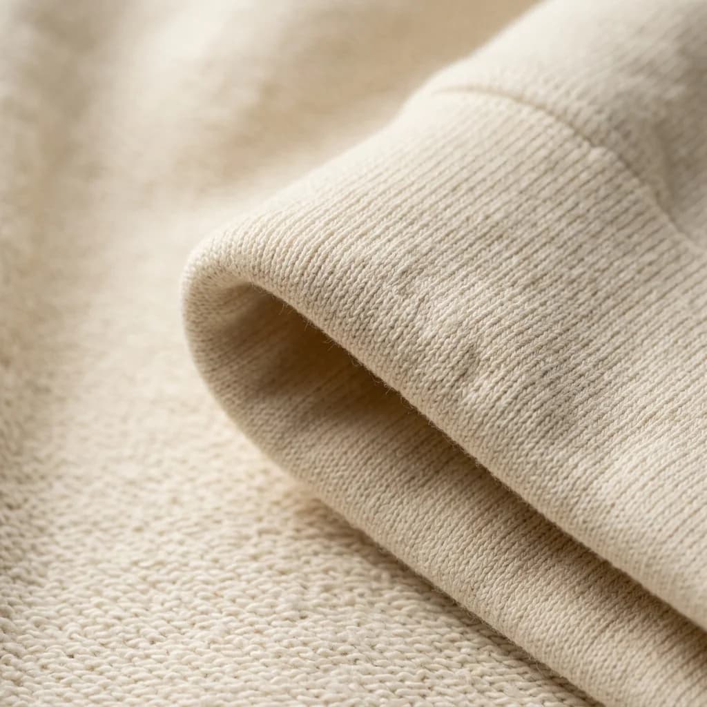Macro close-up of heavyweight 450gsm organic cotton fabric showing extreme density and tight knit pattern