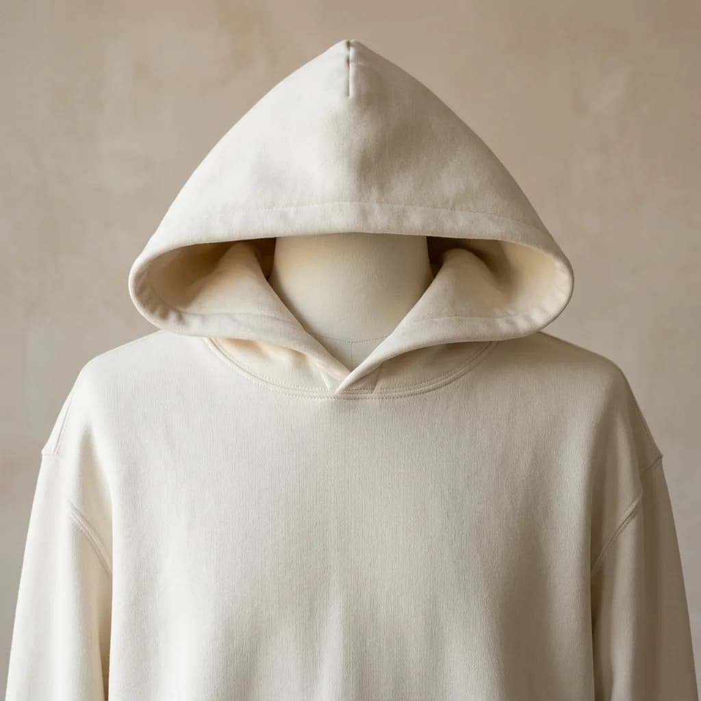 Sculptural hood and neckline of Cloud Dancer hoodie demonstrating pre-shrunk structural integrity