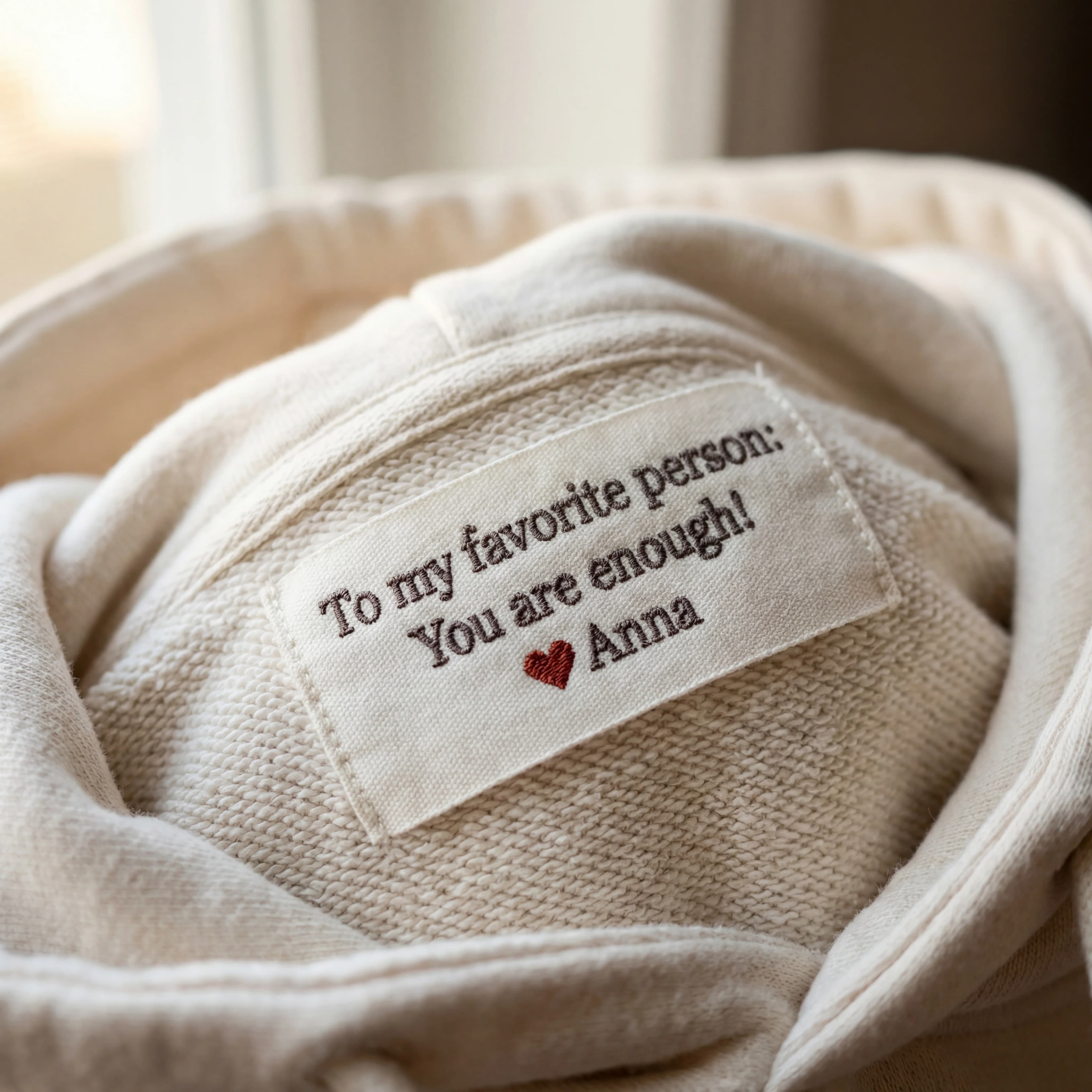 Cloud Dancer hoodie interior showing embroidered personal message: For Emma — December 14, 2024