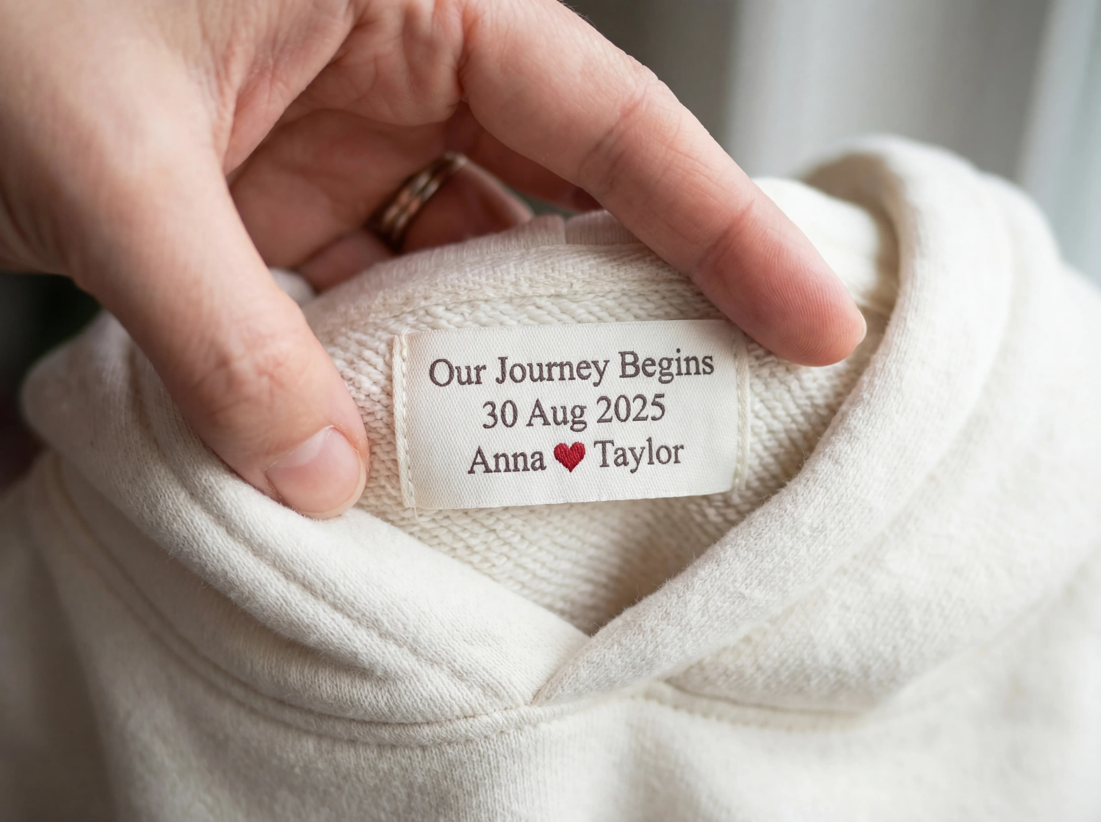 Hidden hoodie label revealing embroidered wedding date: Our Journey Begins — 30 Aug 2025